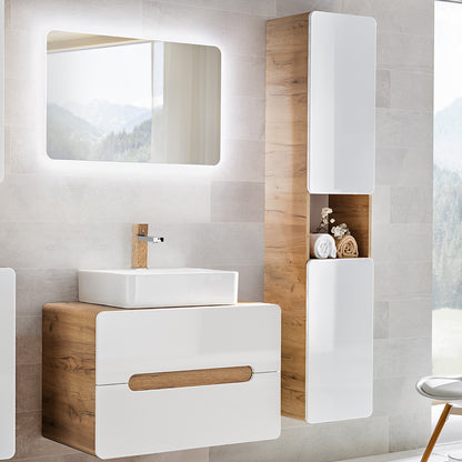 Aruba Modern Wall-Mounted Tall Bathroom Storage Cabinet – White / Oak Craft