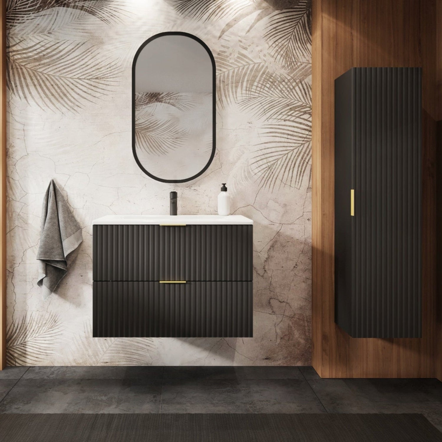 Flow Wall-Mounted 2 Bathroom Vanity Cabinets Set with Basin 80cm - Bla ...