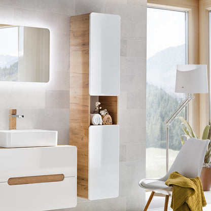 Aruba Modern Wall-Mounted Tall Bathroom Storage Cabinet – White / Oak Craft