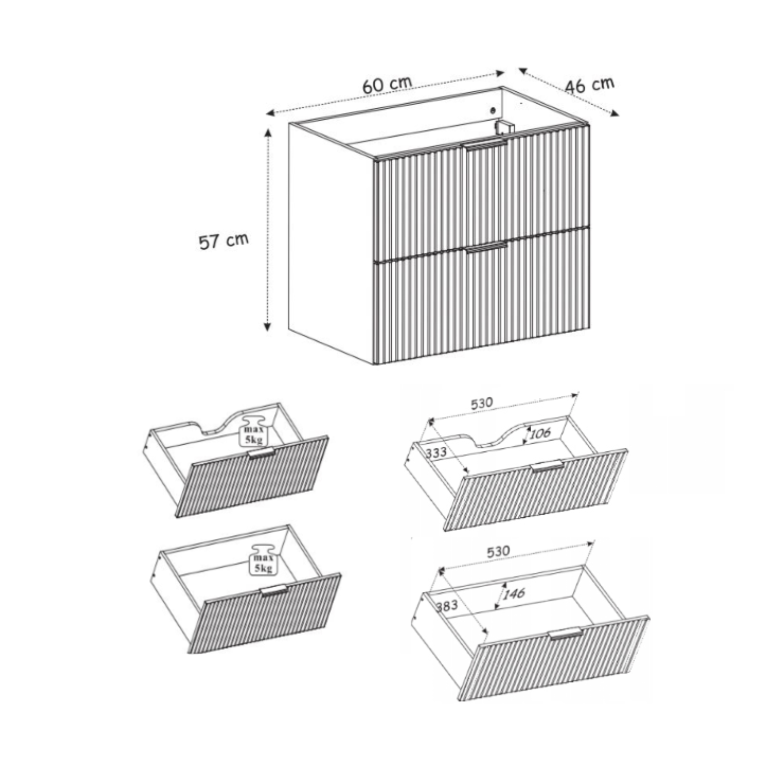 Flow 2 Drawer Bathroom Cabinet Vanity Unit with Worktop 60cm - White