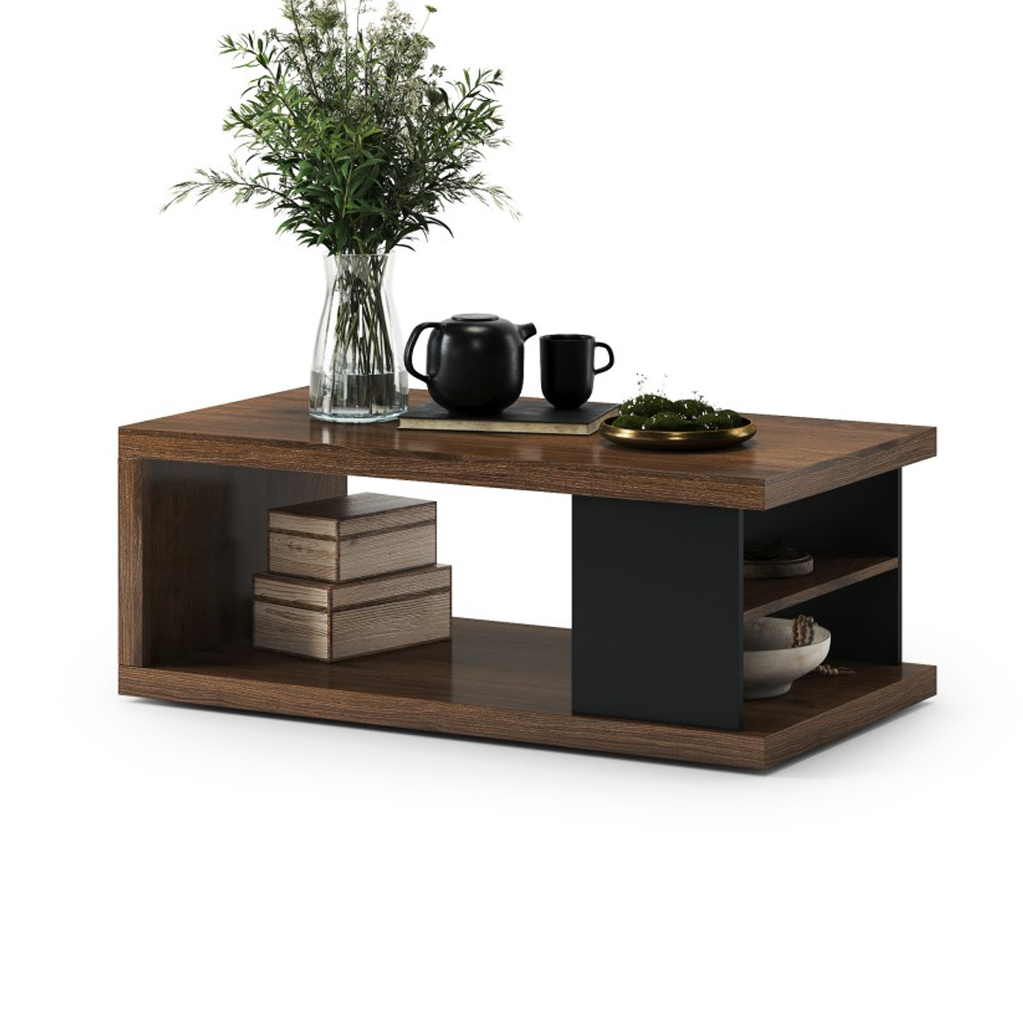 Lana Modern Coffee Table with Open Storage Shelves – Elegant Walnut