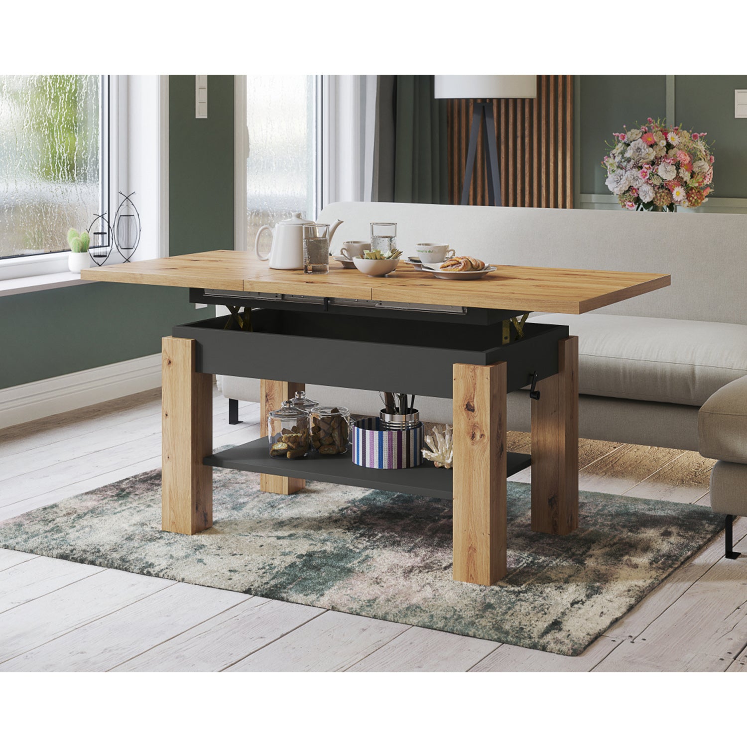 Alva 2 in 1 Extending Coffee / Dining Table 110-150cm - Artisan Oak / Anthracite