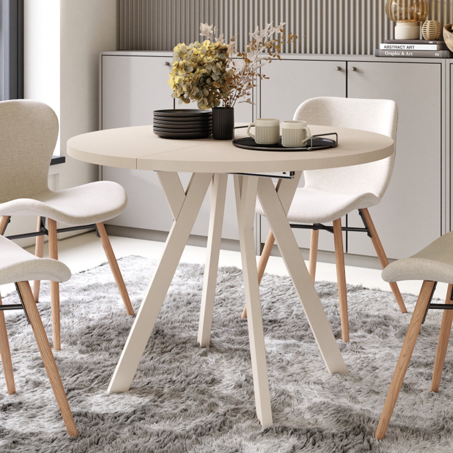 Aldo Modern Round to Oval Extendable Table – Beige