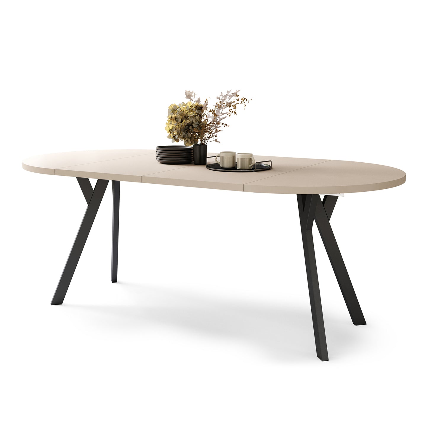 Aldo Modern Round to Oval Extendable Table – Beige / Black