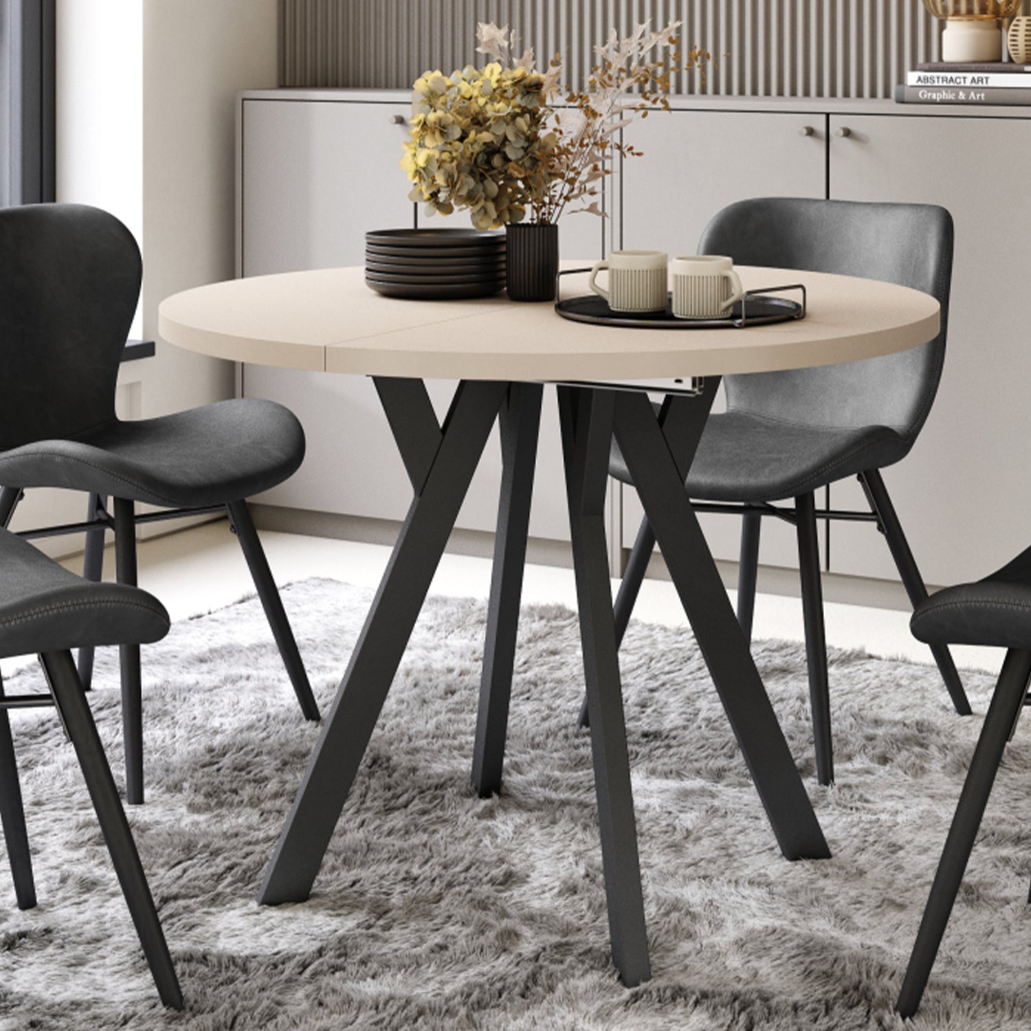 Aldo Modern Round to Oval Extendable Table – Beige / Black