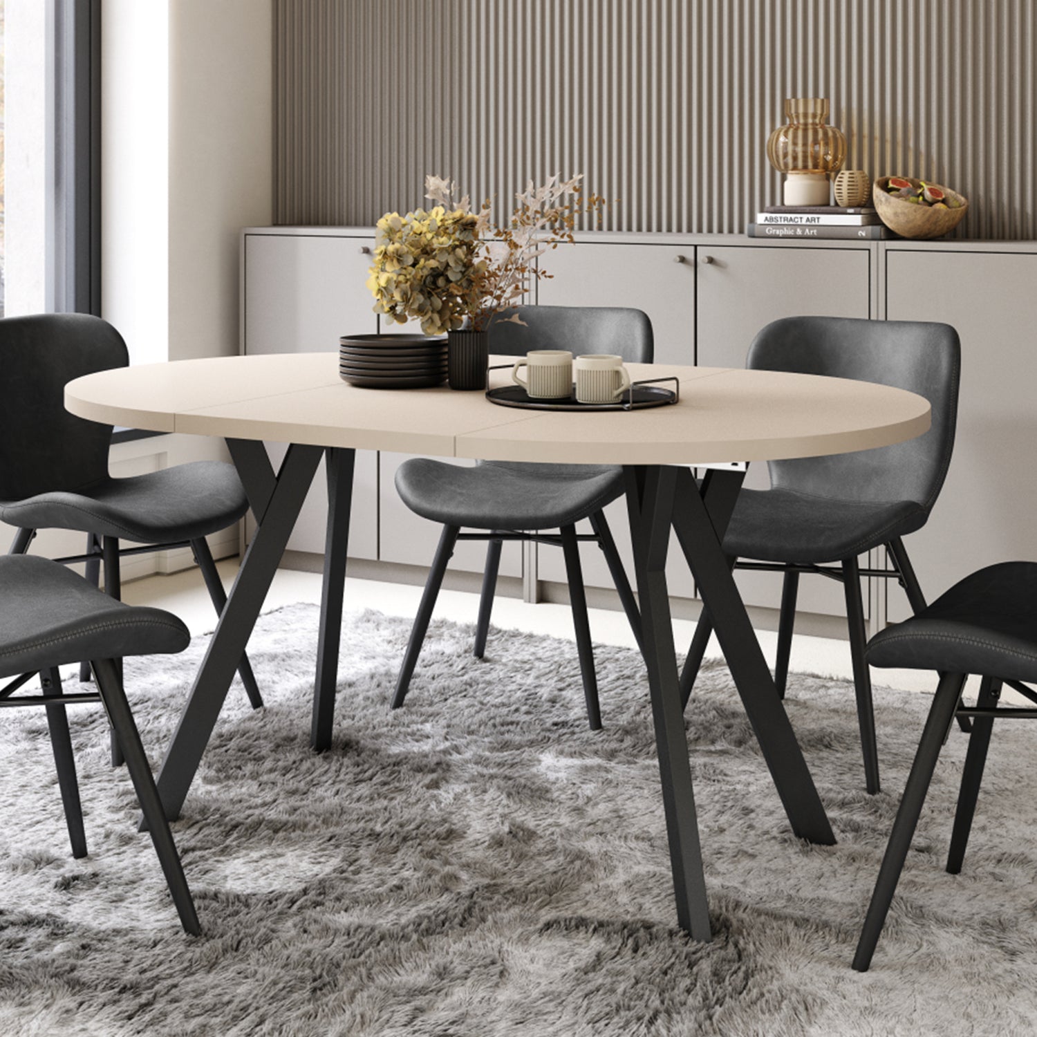 Aldo Modern Round to Oval Extendable Table – Beige / Black