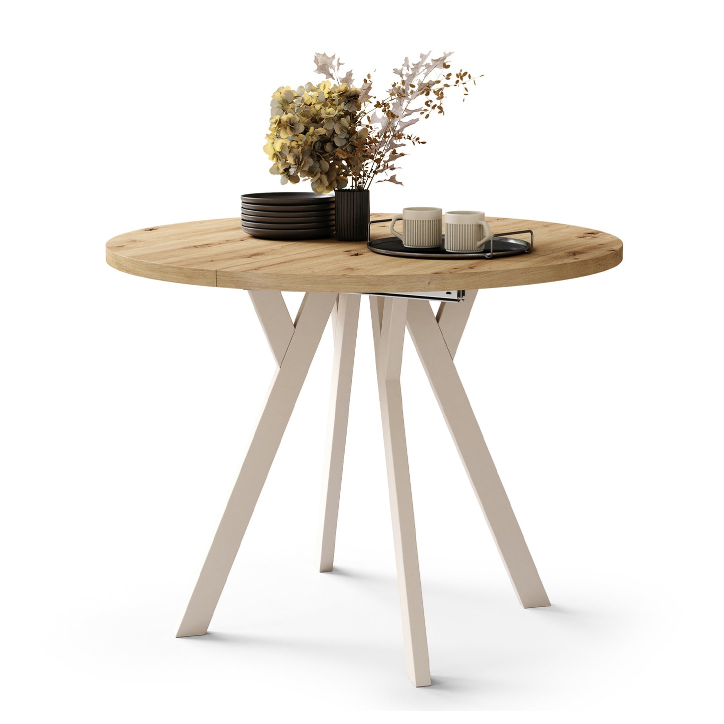 Aldo Modern Round to Oval Extendable Table – Artisan Oak / Beige
