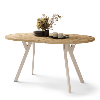 Aldo Modern Round to Oval Extendable Table – Artisan Oak / Beige