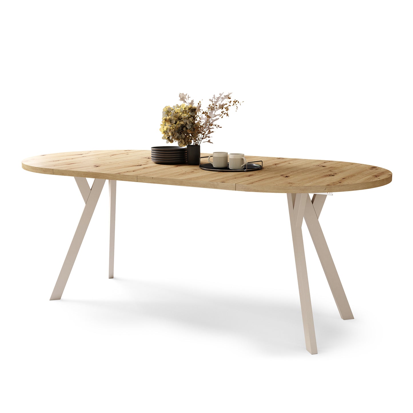 Aldo Modern Round to Oval Extendable Table – Artisan Oak / Beige