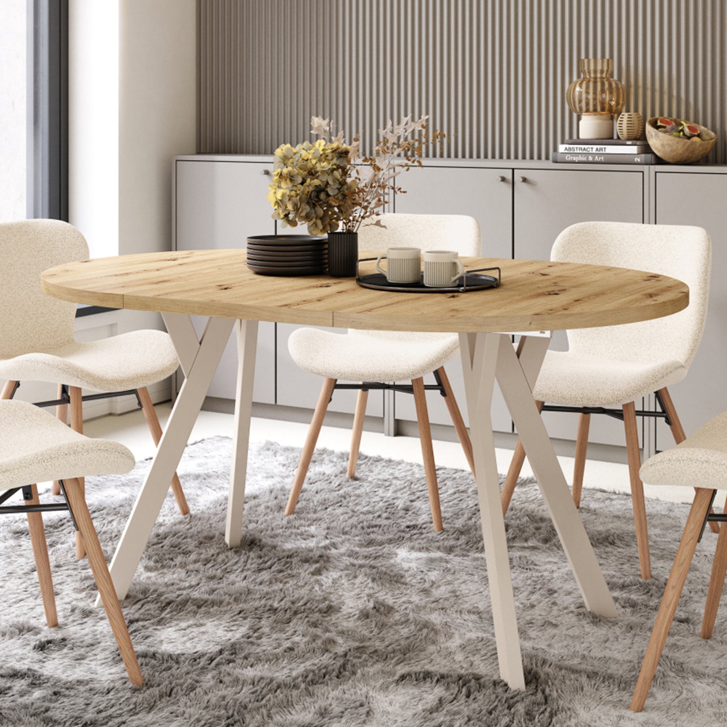 Aldo Modern Round to Oval Extendable Table – Artisan Oak / Beige