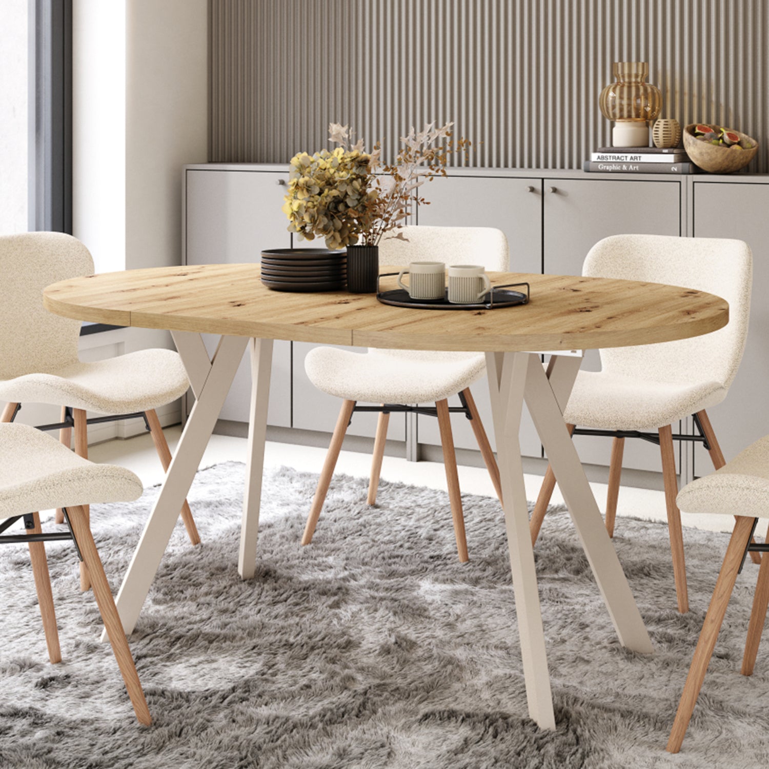 Aldo Modern Round to Oval Extendable Table – Artisan Oak / Beige