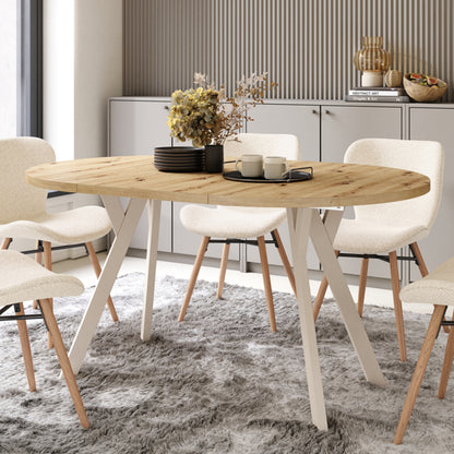 Aldo Modern Round to Oval Extendable Table – Artisan Oak / Beige