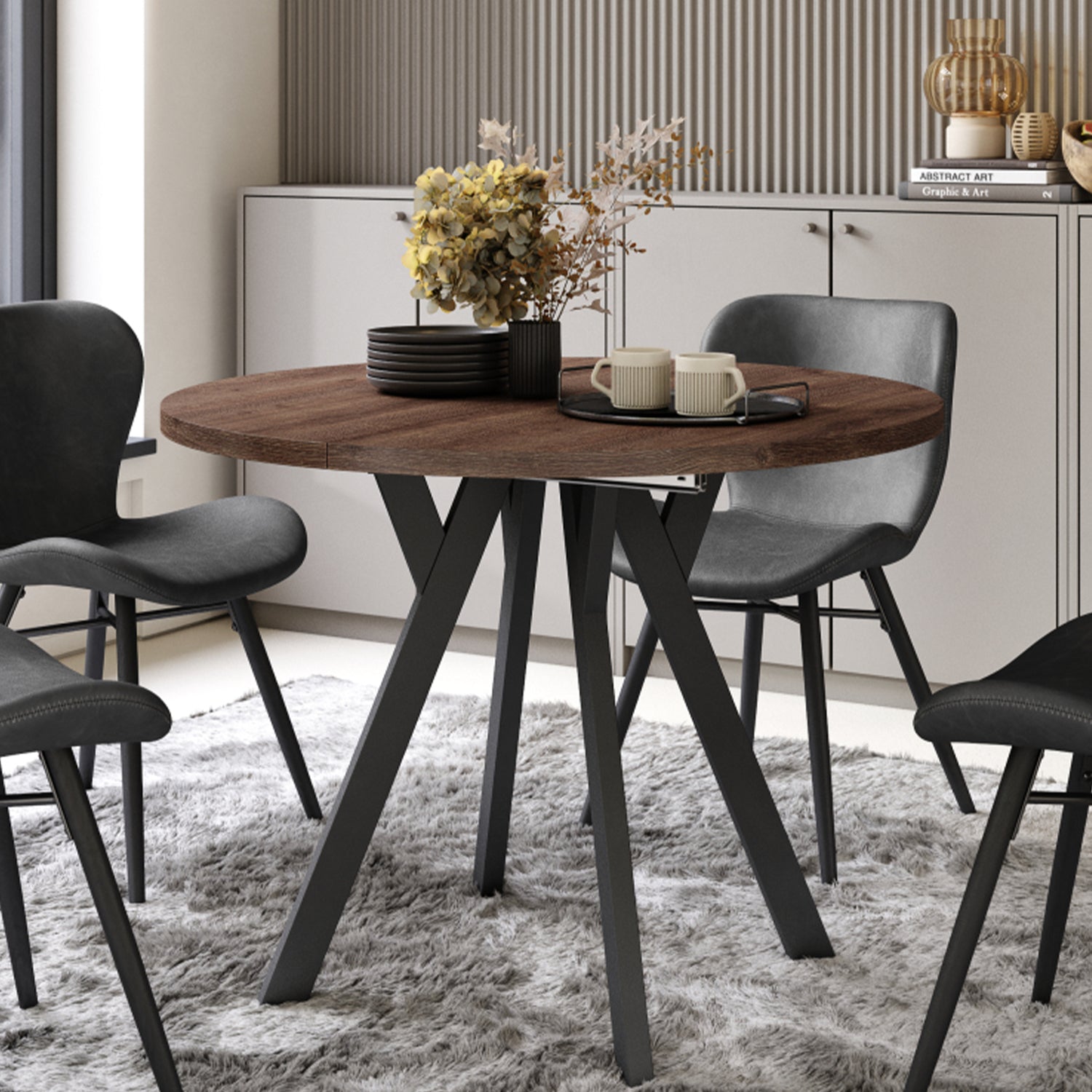 Aldo Modern Round to Oval Extendable Table – Brown / Black