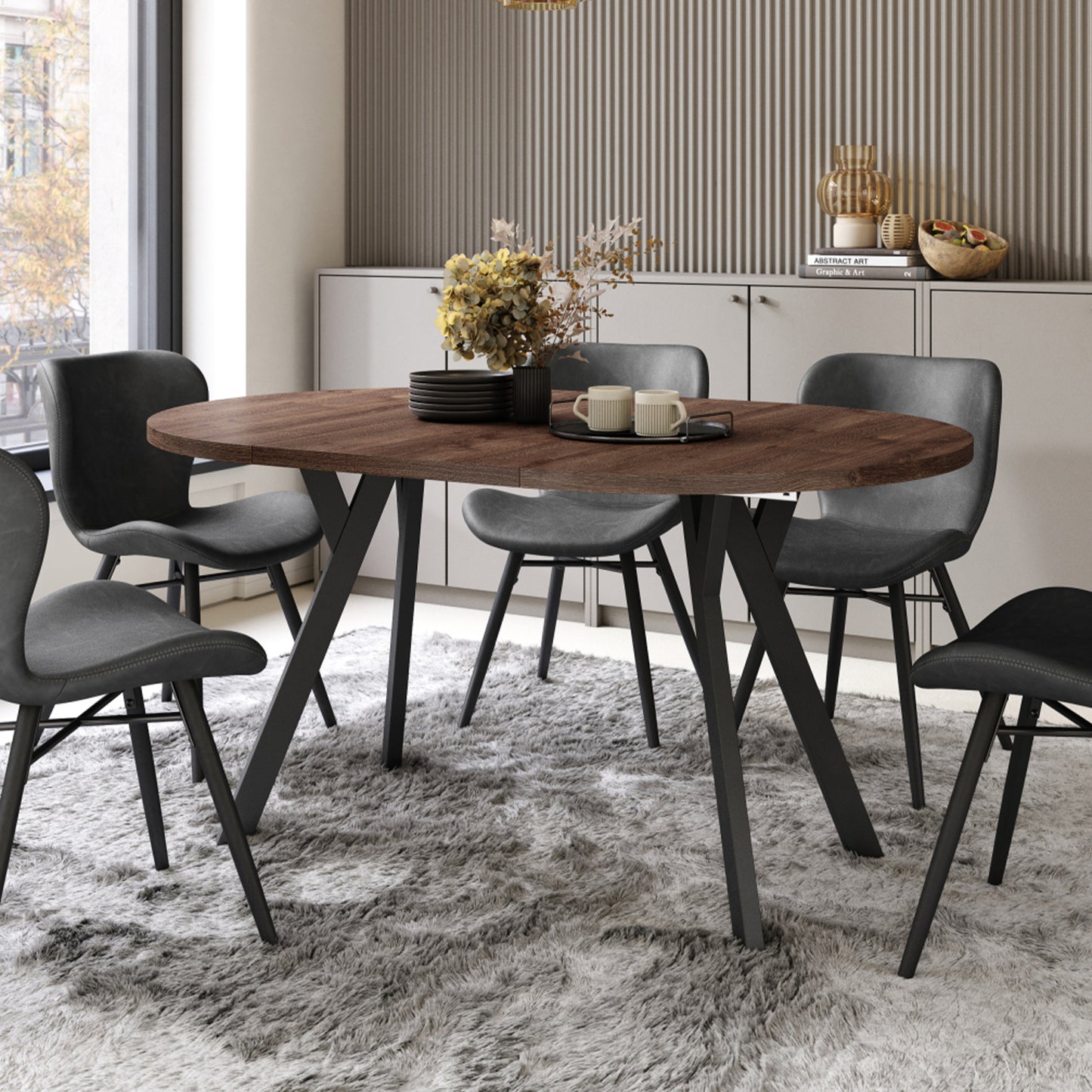 Aldo Modern Round to Oval Extendable Table – Brown / Black