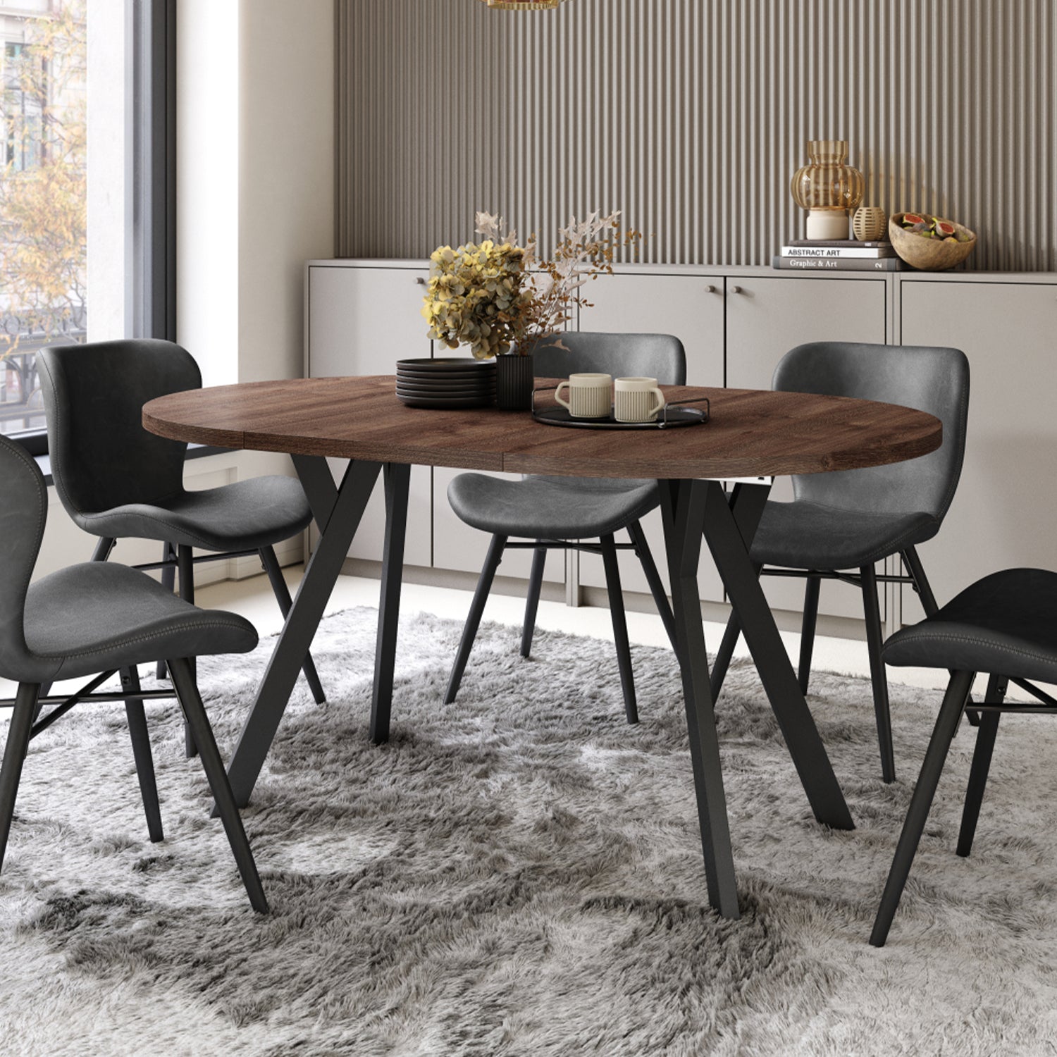 Aldo Modern Round to Oval Extendable Table – Brown / Black