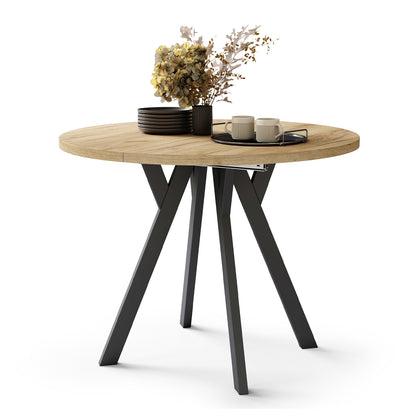 Aldo Modern Round to Oval Extendable Table – Gold Craft Oak / Black