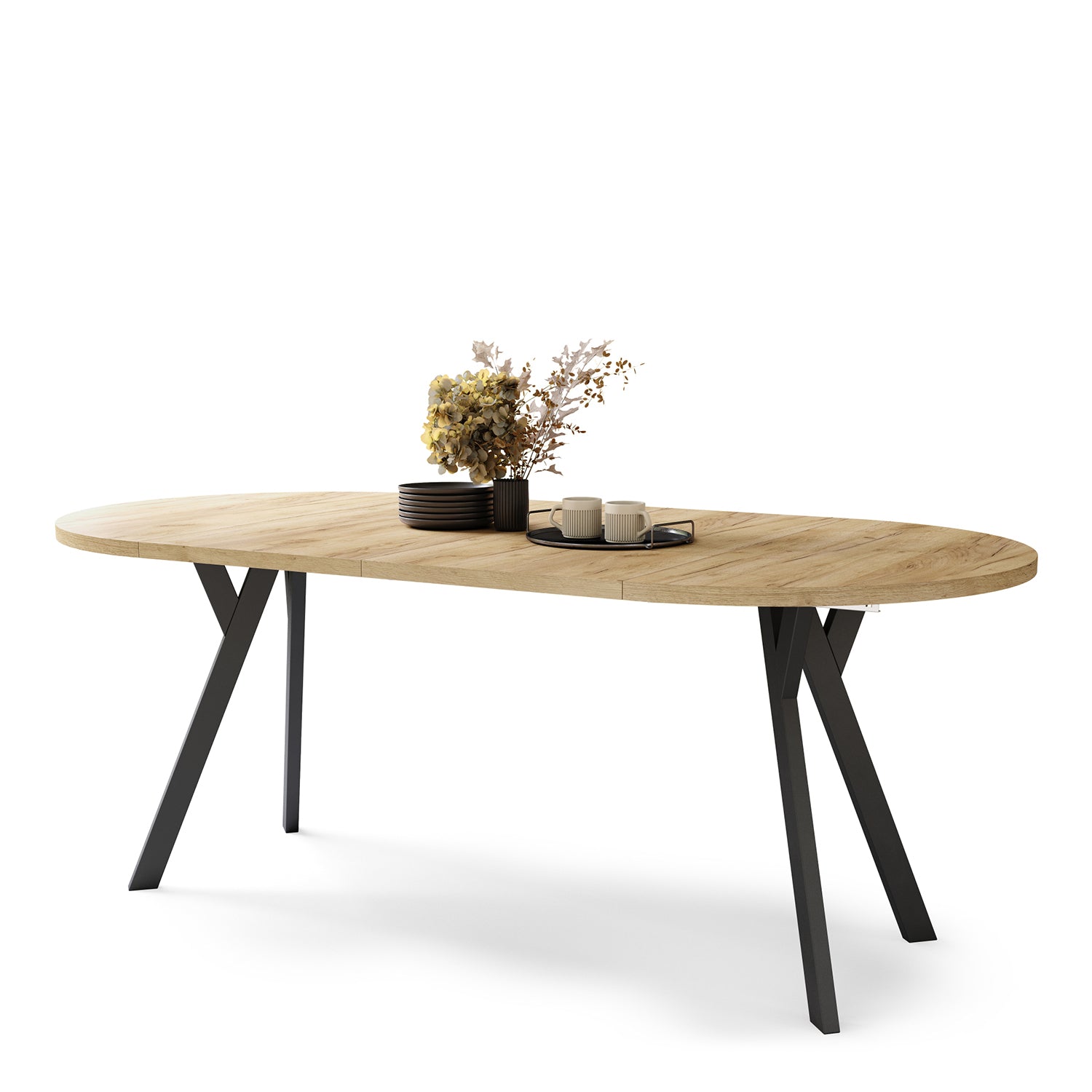 Aldo Modern Round to Oval Extendable Table – Gold Craft Oak / Black