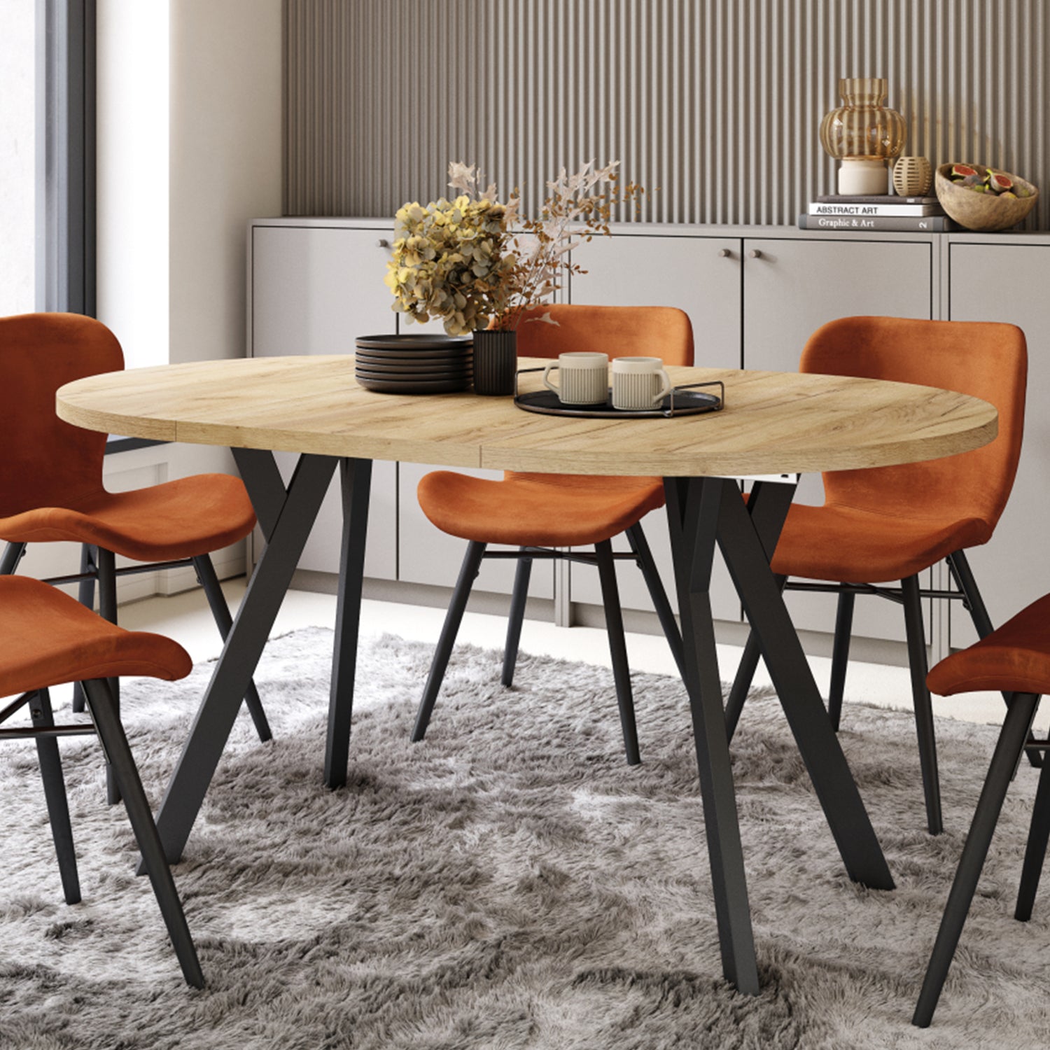 Aldo Modern Round to Oval Extendable Table – Gold Craft Oak / Black