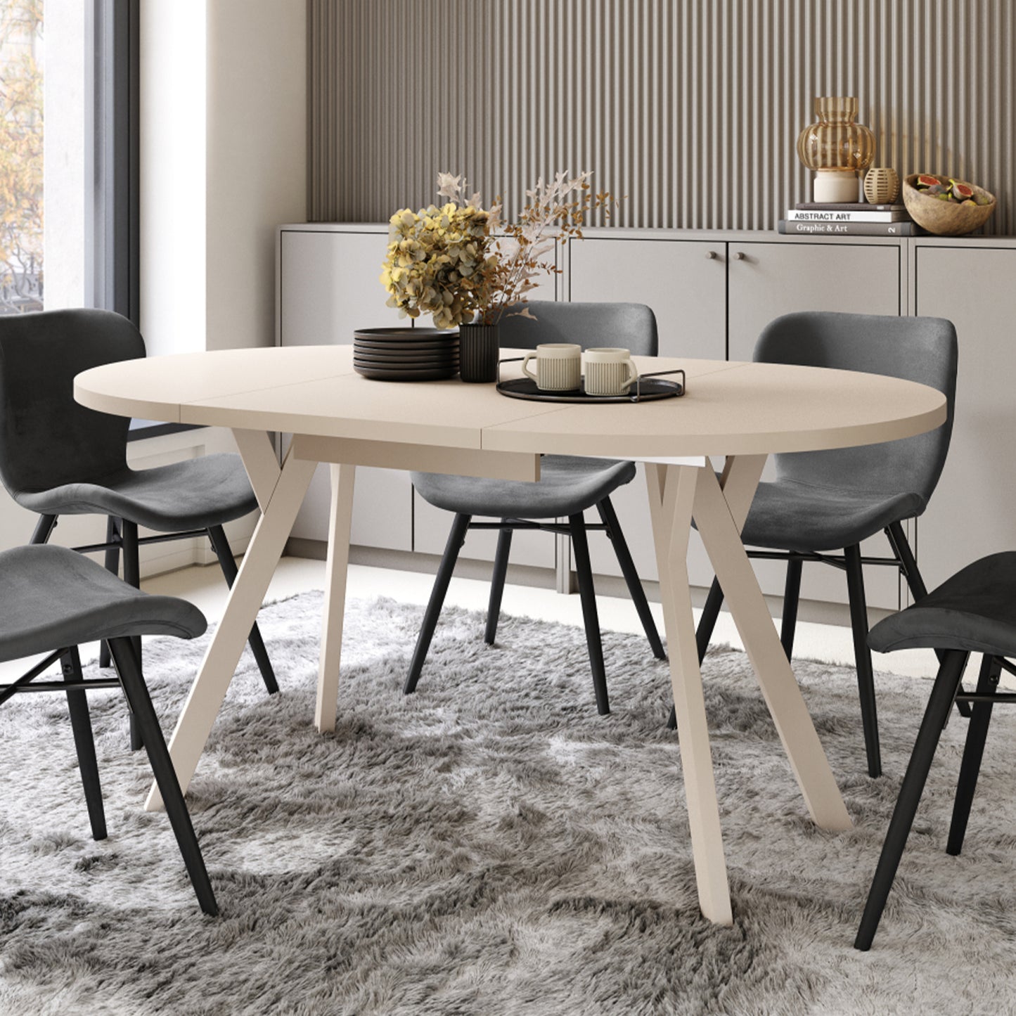 Aldo Modern Round to Oval Extendable Table 90 cm – Beige