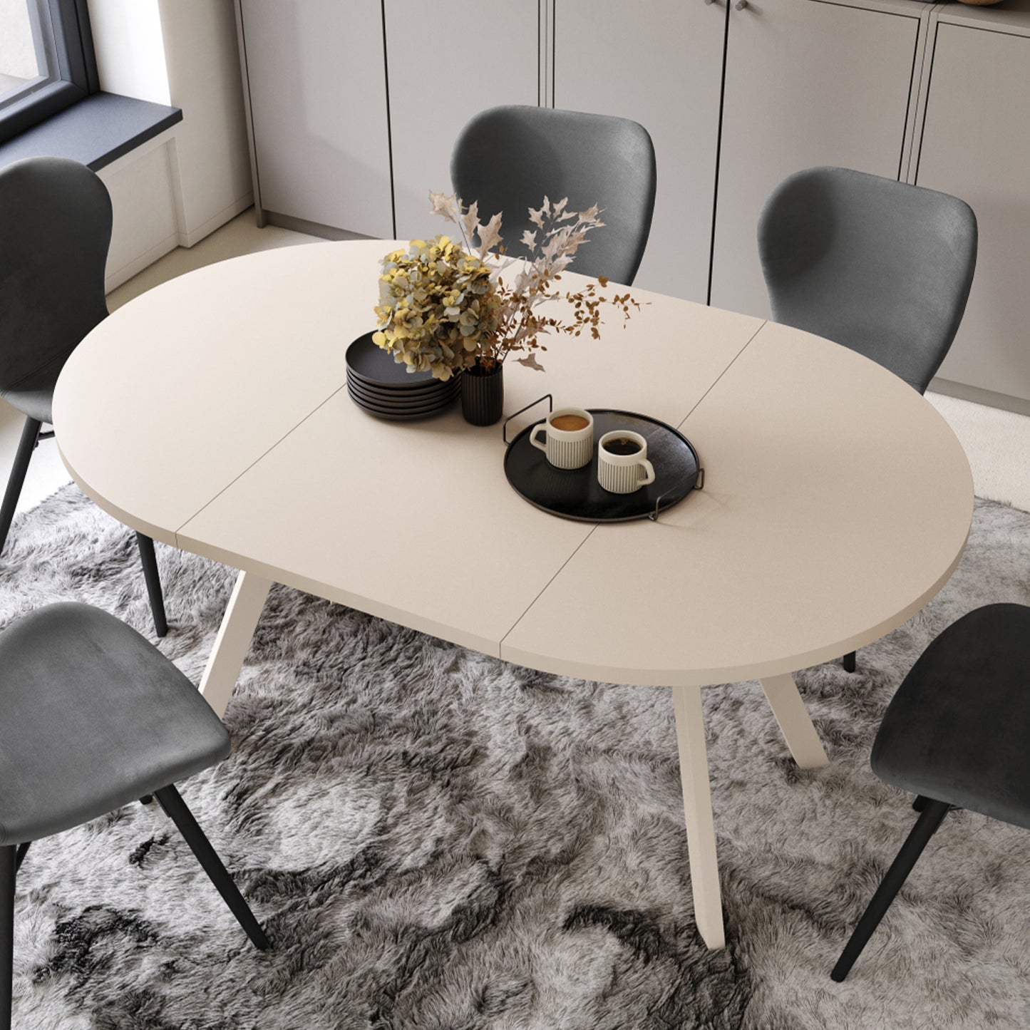 Aldo Modern Round to Oval Extendable Table 90 cm – Beige