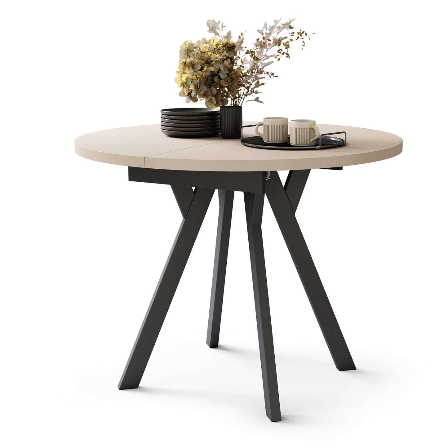 Aldo Modern Round to Oval Extendable Table 90 cm –Beige / Black