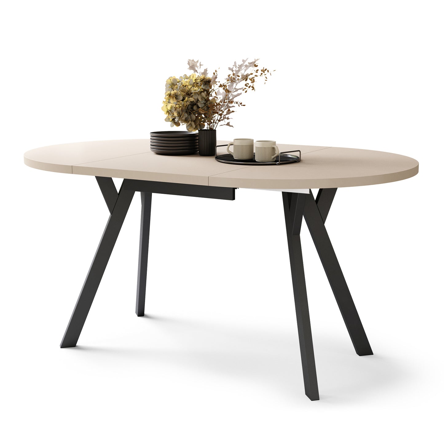 Aldo Modern Round to Oval Extendable Table 90 cm –Beige / Black