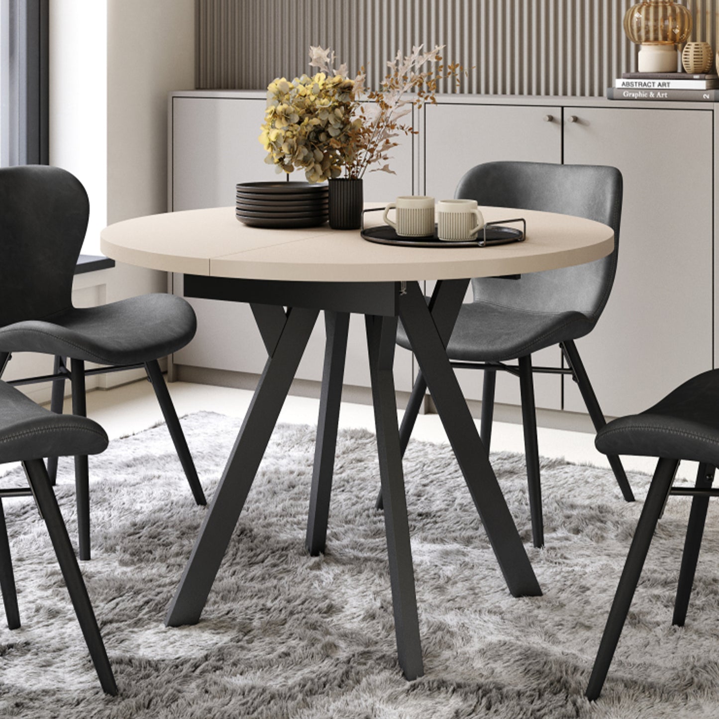 Aldo Modern Round to Oval Extendable Table 90 cm –Beige / Black