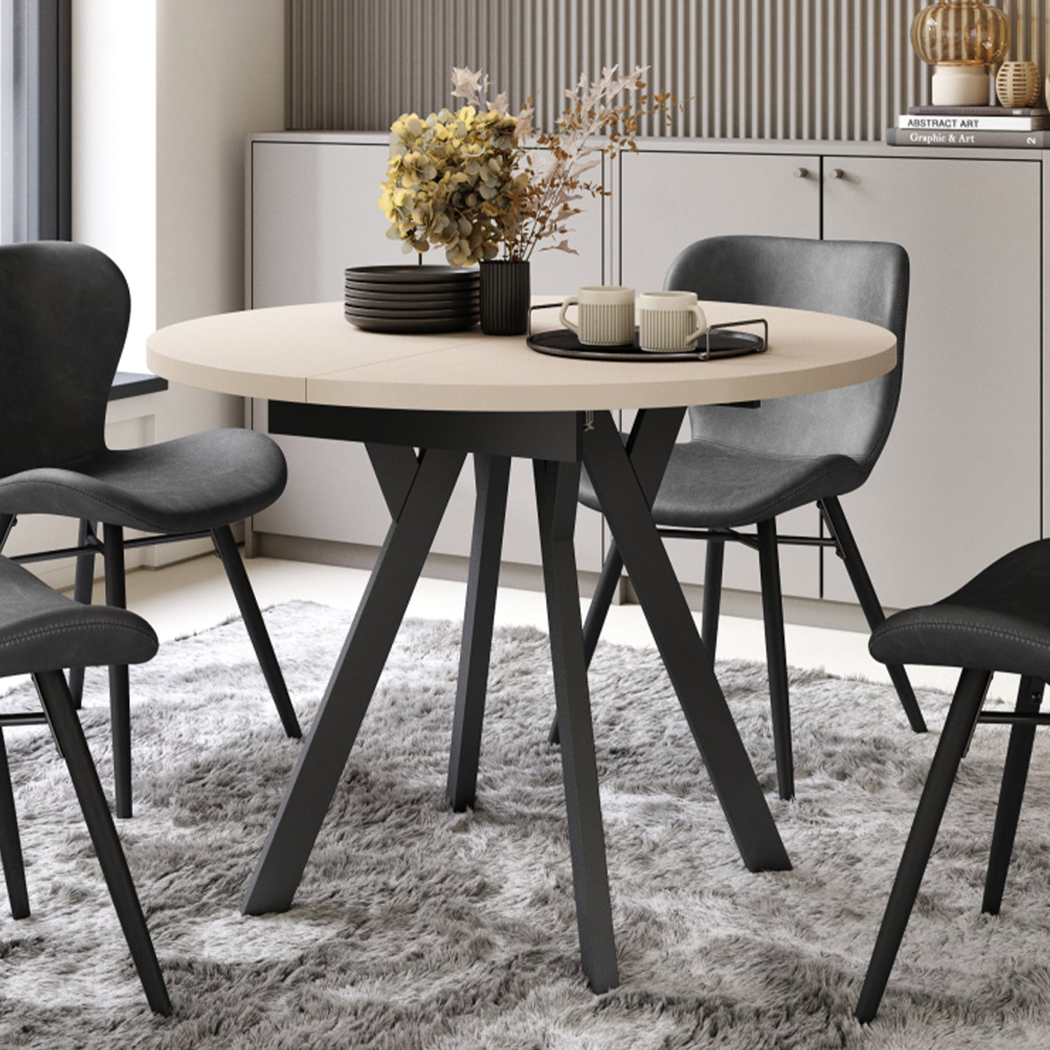 Aldo Modern Round to Oval Extendable Table 90 cm –Beige / Black