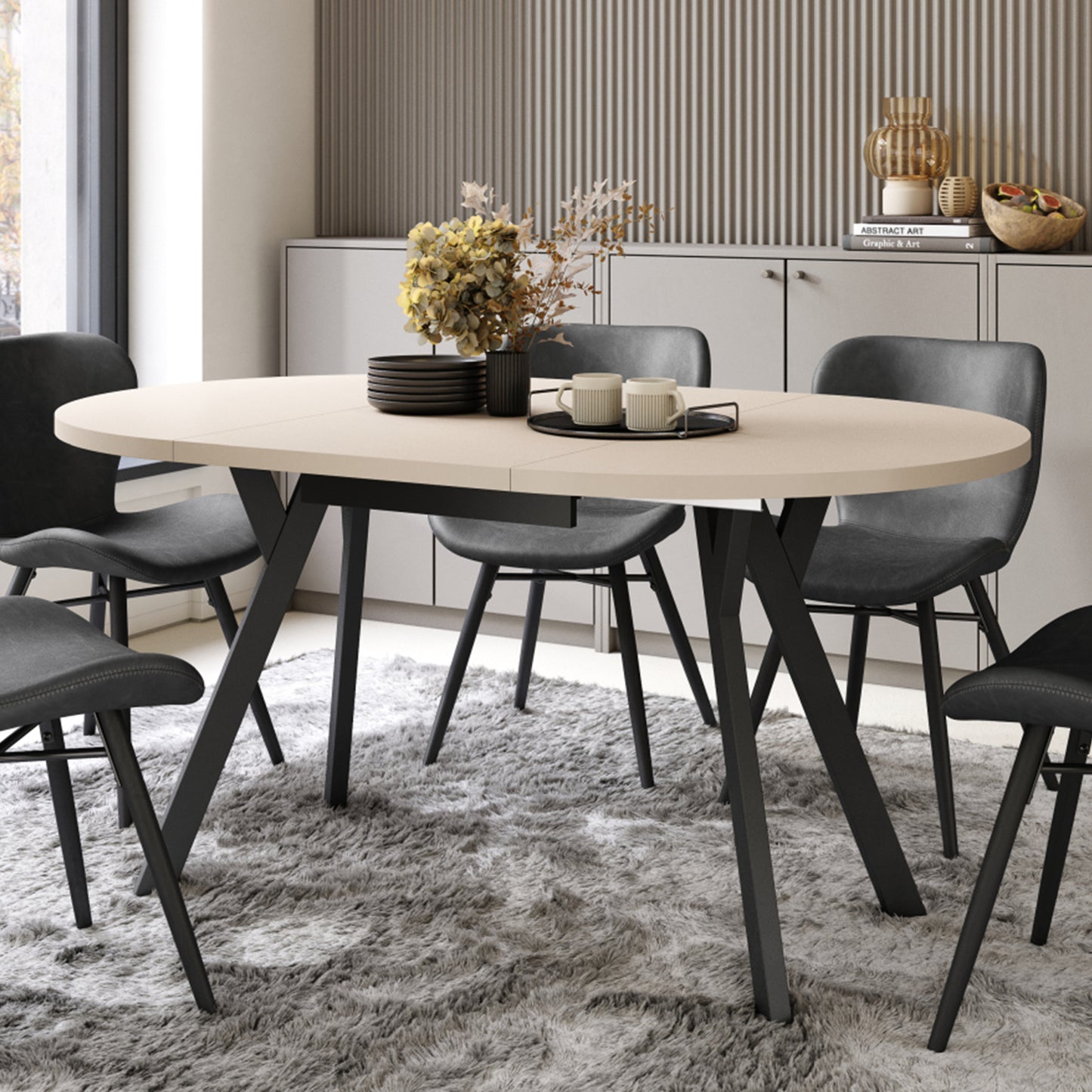 Aldo Modern Round to Oval Extendable Table 90 cm –Beige / Black