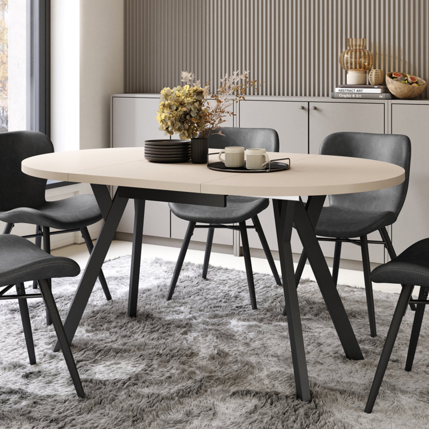 Aldo Modern Round to Oval Extendable Table 90 cm –Beige / Black