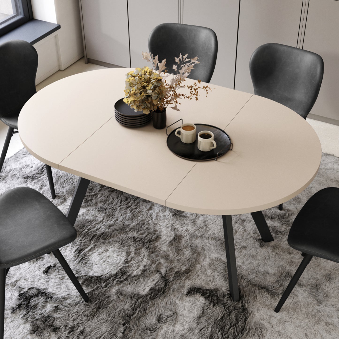 Aldo Modern Round to Oval Extendable Table 90 cm –Beige / Black