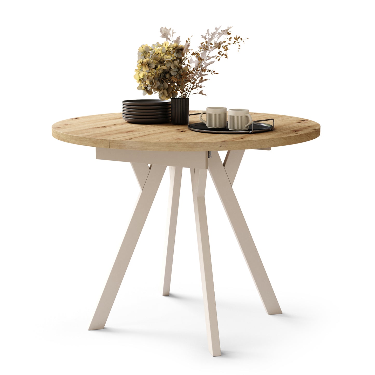 Aldo Modern Round to Oval Extendable Table 90 cm – Artisan Oak / Beige