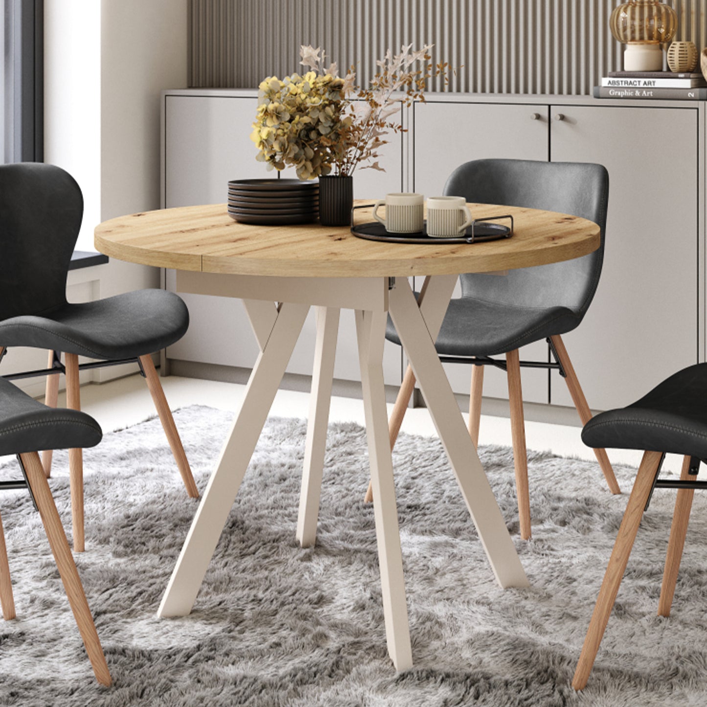 Aldo Modern Round to Oval Extendable Table 90 cm – Artisan Oak / Beige