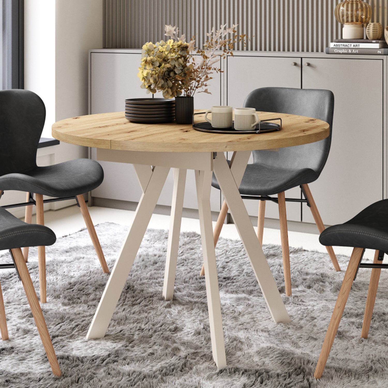 Aldo Modern Round to Oval Extendable Table 90 cm – Artisan Oak / Beige