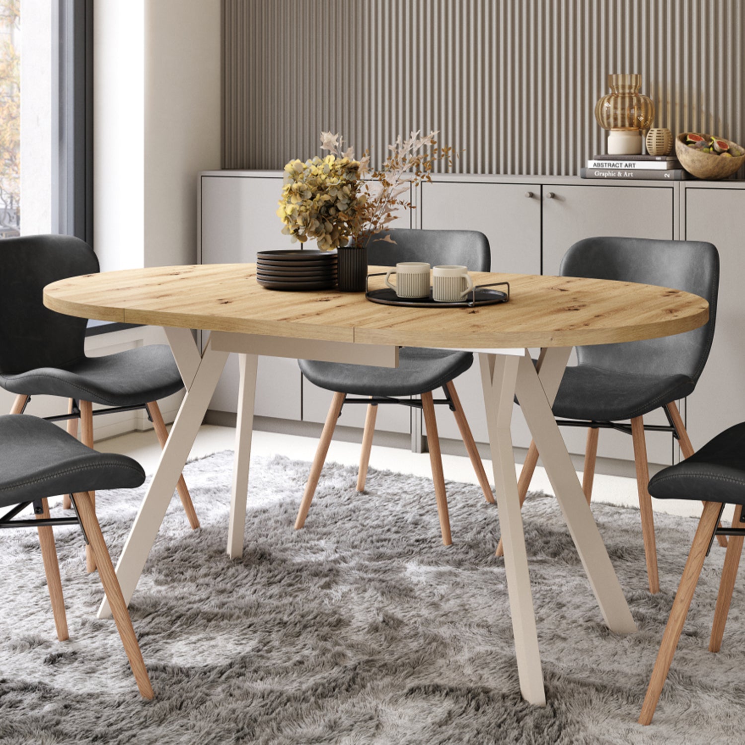 Aldo Modern Round to Oval Extendable Table 90 cm – Artisan Oak / Beige