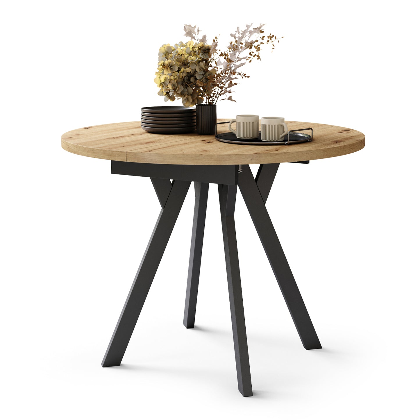 Aldo Modern Round to Oval Extendable Table 90 cm – Artisan Oak / Black