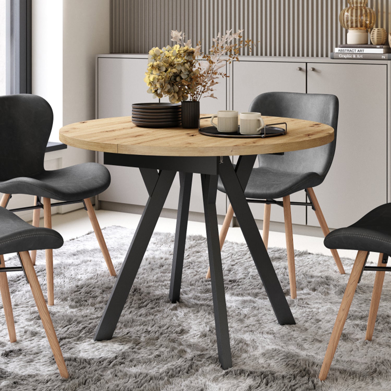 Aldo Modern Round to Oval Extendable Table 90 cm – Artisan Oak / Black