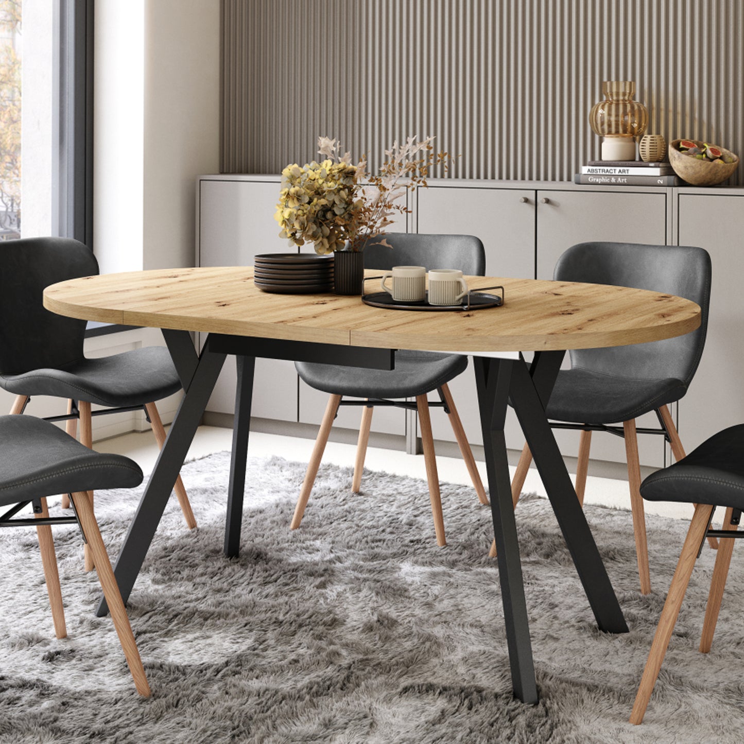 Aldo Modern Round to Oval Extendable Table 90 cm – Artisan Oak / Black
