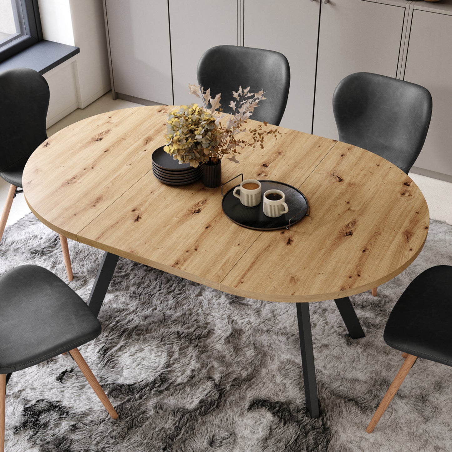 Aldo Modern Round to Oval Extendable Table 90 cm – Artisan Oak / Black
