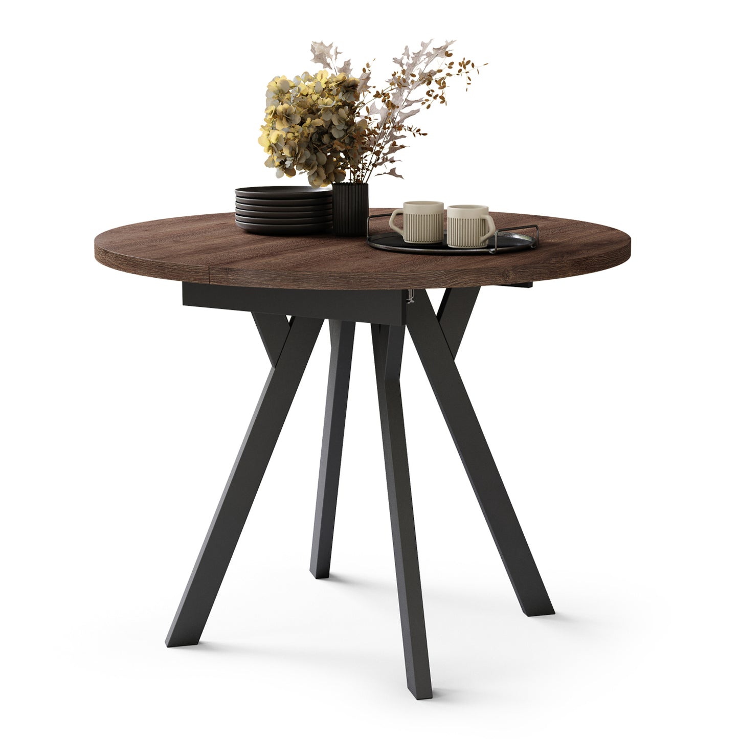 Aldo Modern Round to Oval Extendable Table 90 cm – Brown / Black