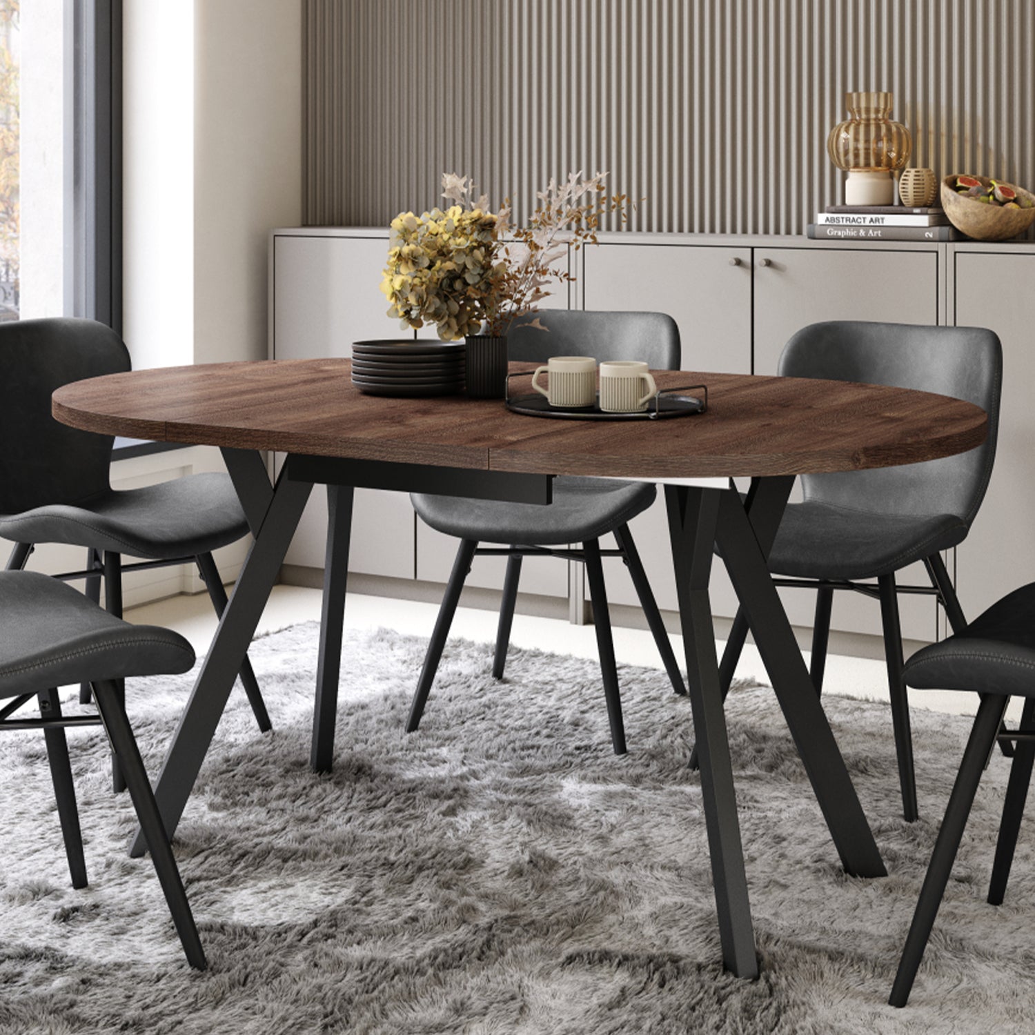 Aldo Modern Round to Oval Extendable Table 90 cm – Brown / Black