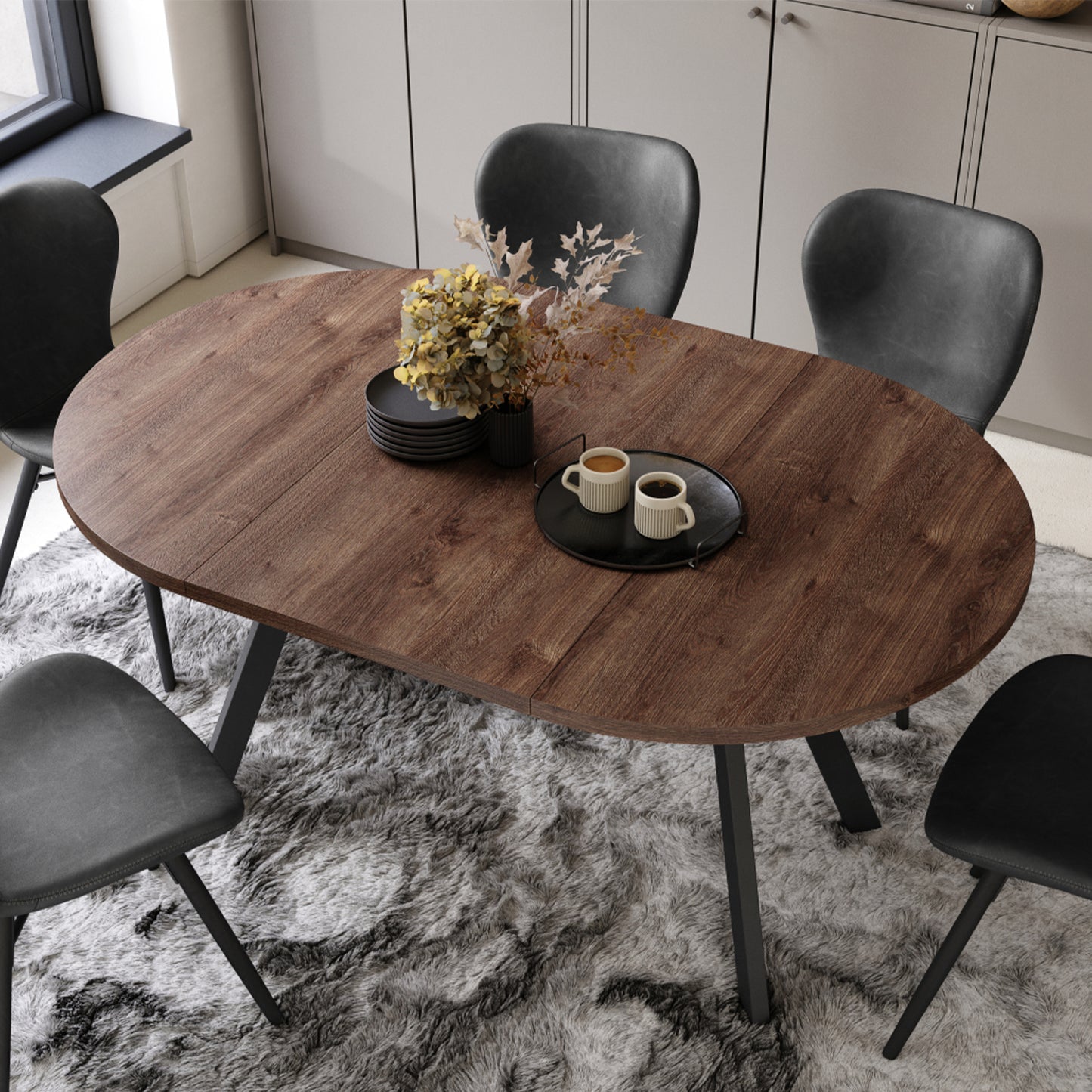 Aldo Modern Round to Oval Extendable Table 90 cm – Brown / Black