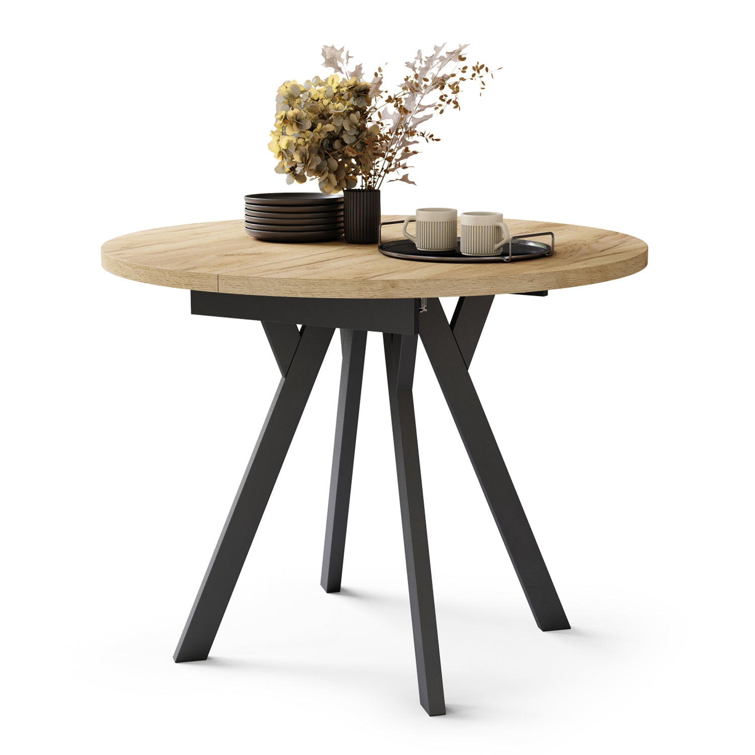 Aldo Modern Round to Oval Extendable Table 90 cm – Gold Craft Oak / Black