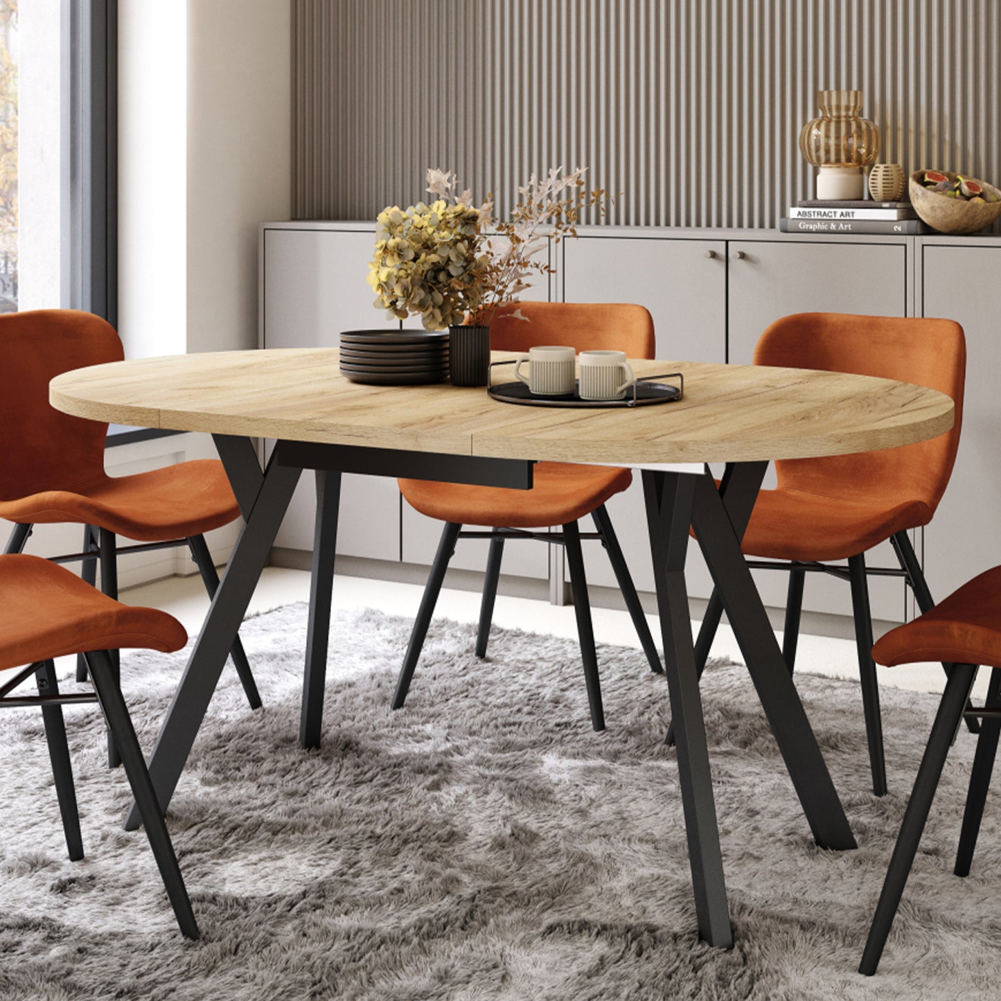 Aldo Modern Round to Oval Extendable Table 90 cm – Gold Craft Oak / Black