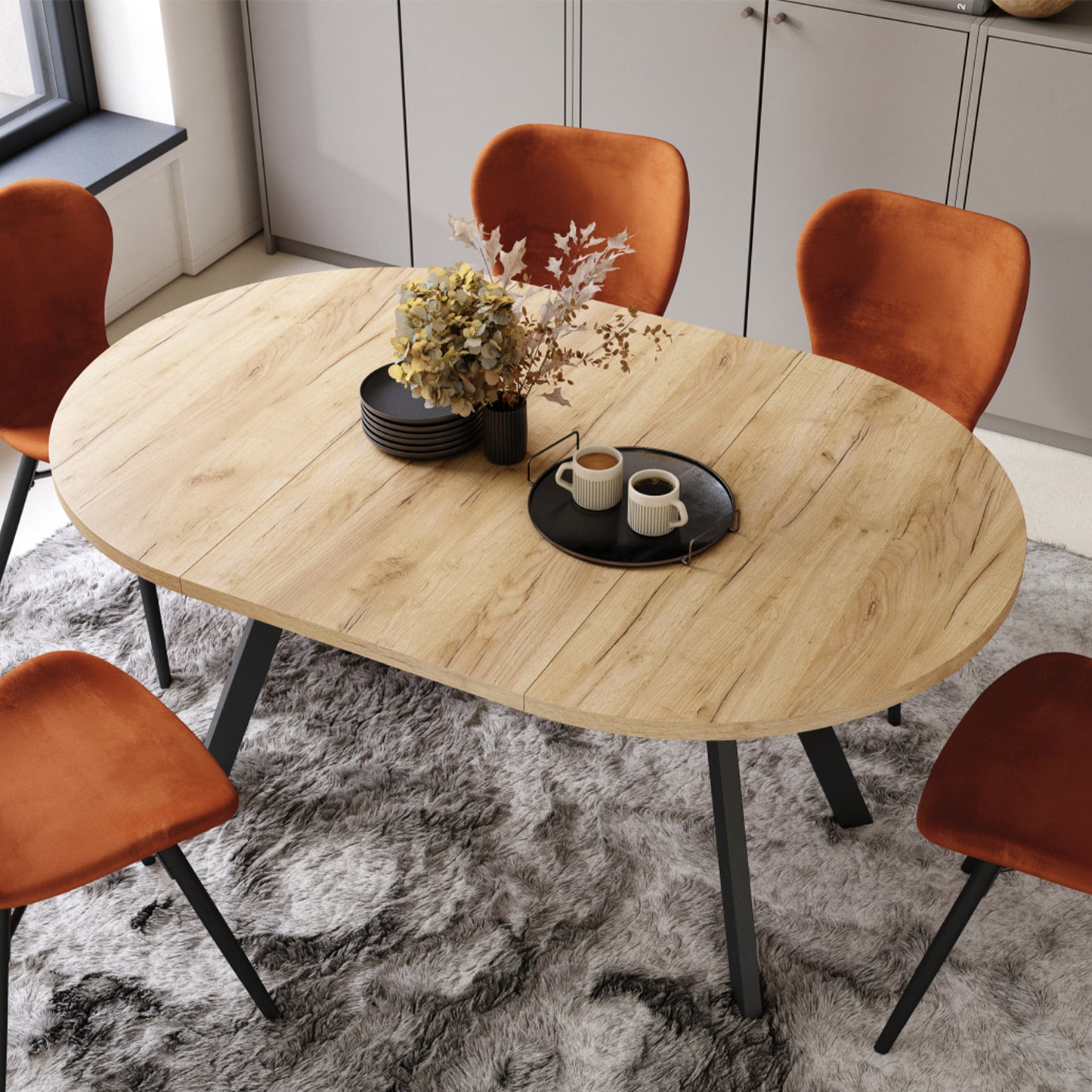 Aldo Modern Round to Oval Extendable Table 90 cm – Gold Craft Oak / Black