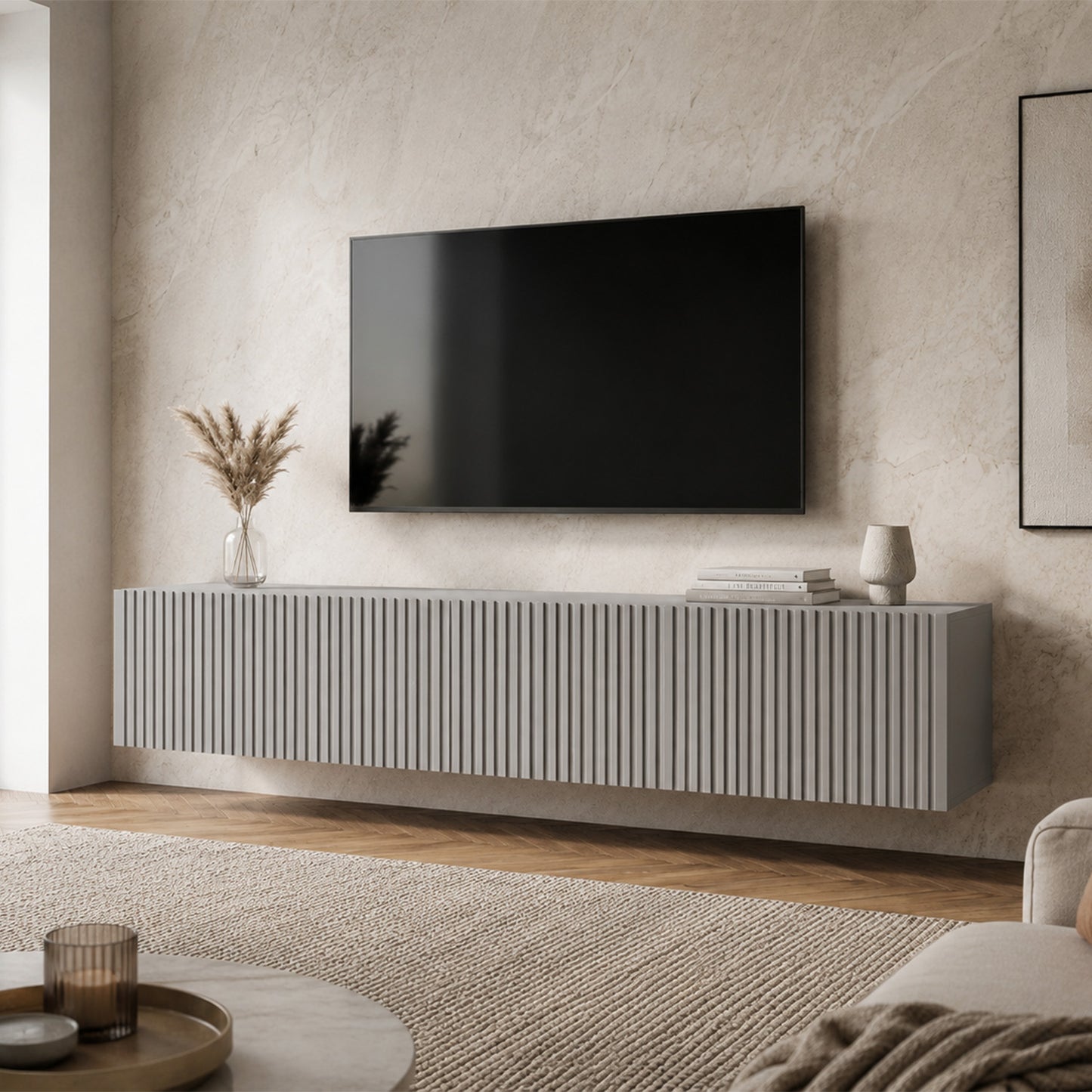Joyce Wall Mounted TV Unit Modern Fluted Matt Finish 150cm - Arctic Grey