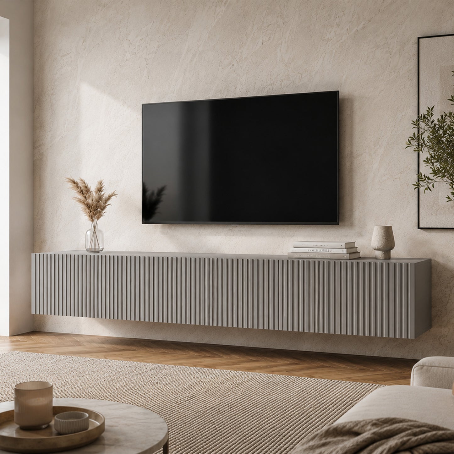 Joyce Wall Mounted TV Unit Modern Fluted Matt Finish 200cm - Arctic Grey