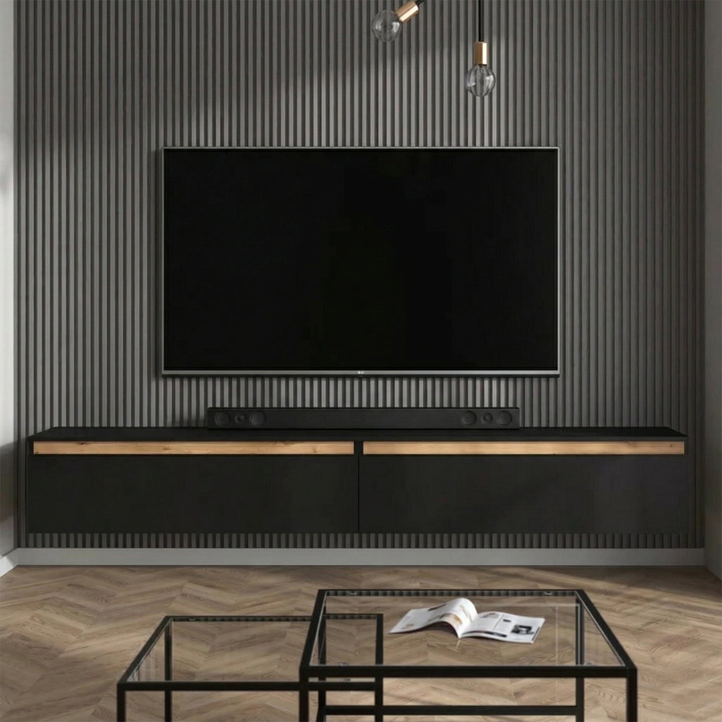 Aryana Oak Detail Large Modern TV Media Unit 230cm - Black / Artisan Oak