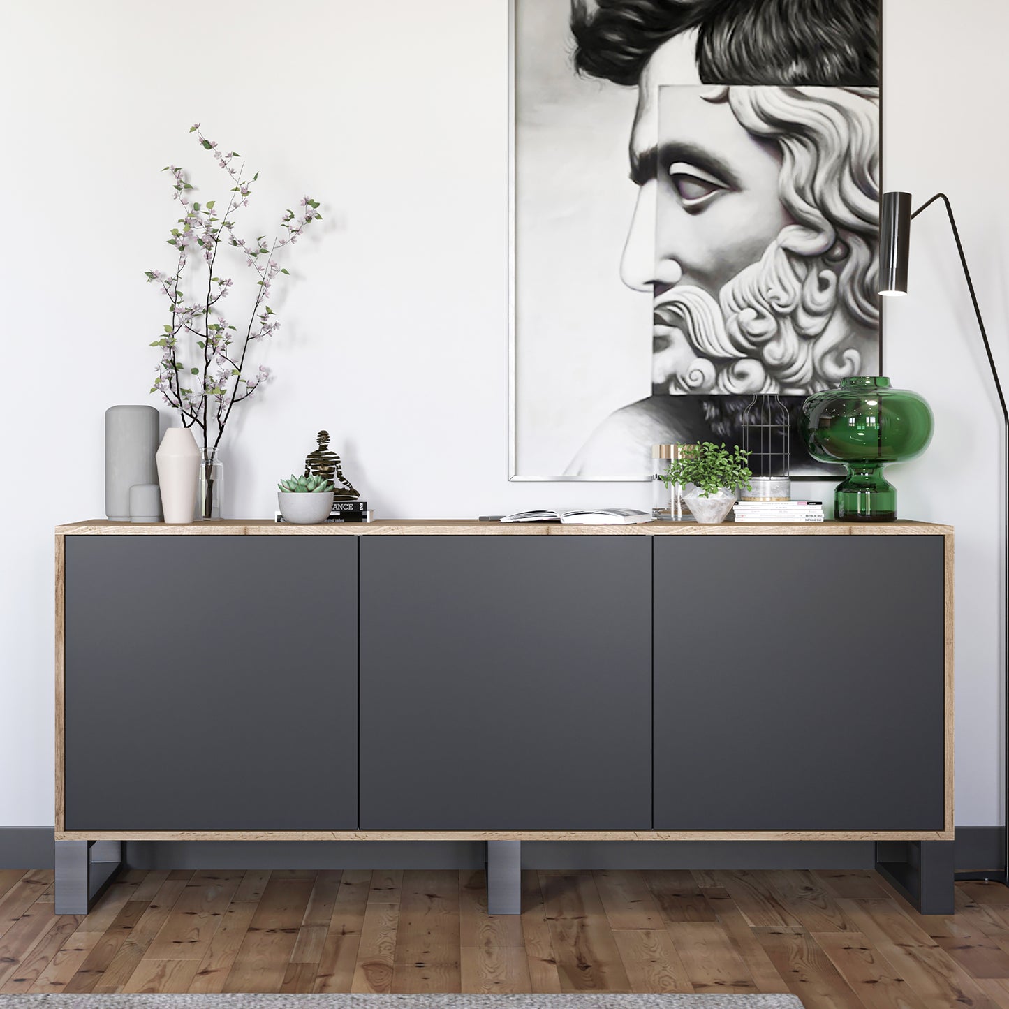 Apollo Modern Sideboard with 3-Door Design and Metal Legs – Black / Oak Wotan