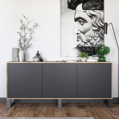 Apollo Modern Sideboard with 3-Door Design and Metal Legs – Black / Oak Wotan